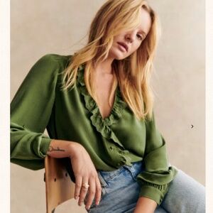 Sezane Rosine Shirt - Olive Green Silk - Size 38 (6) - NEW WITH TAGS
